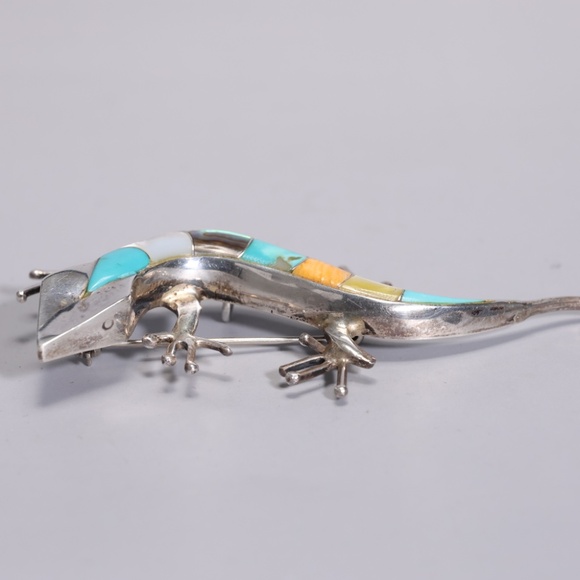 Native American Multi Gem Inlay Lizard Gecko Sterling Silver Brooch Pendant - Picture 3 of 7